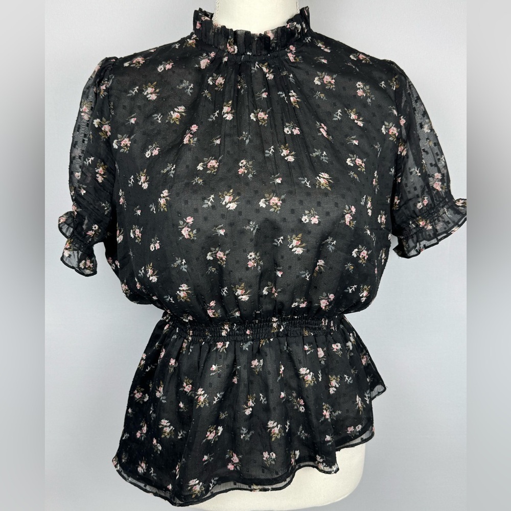 Walter Baker Peplum Blouse Short Puff Sleeves Asymmetric Hem Ruffle Neck Medium